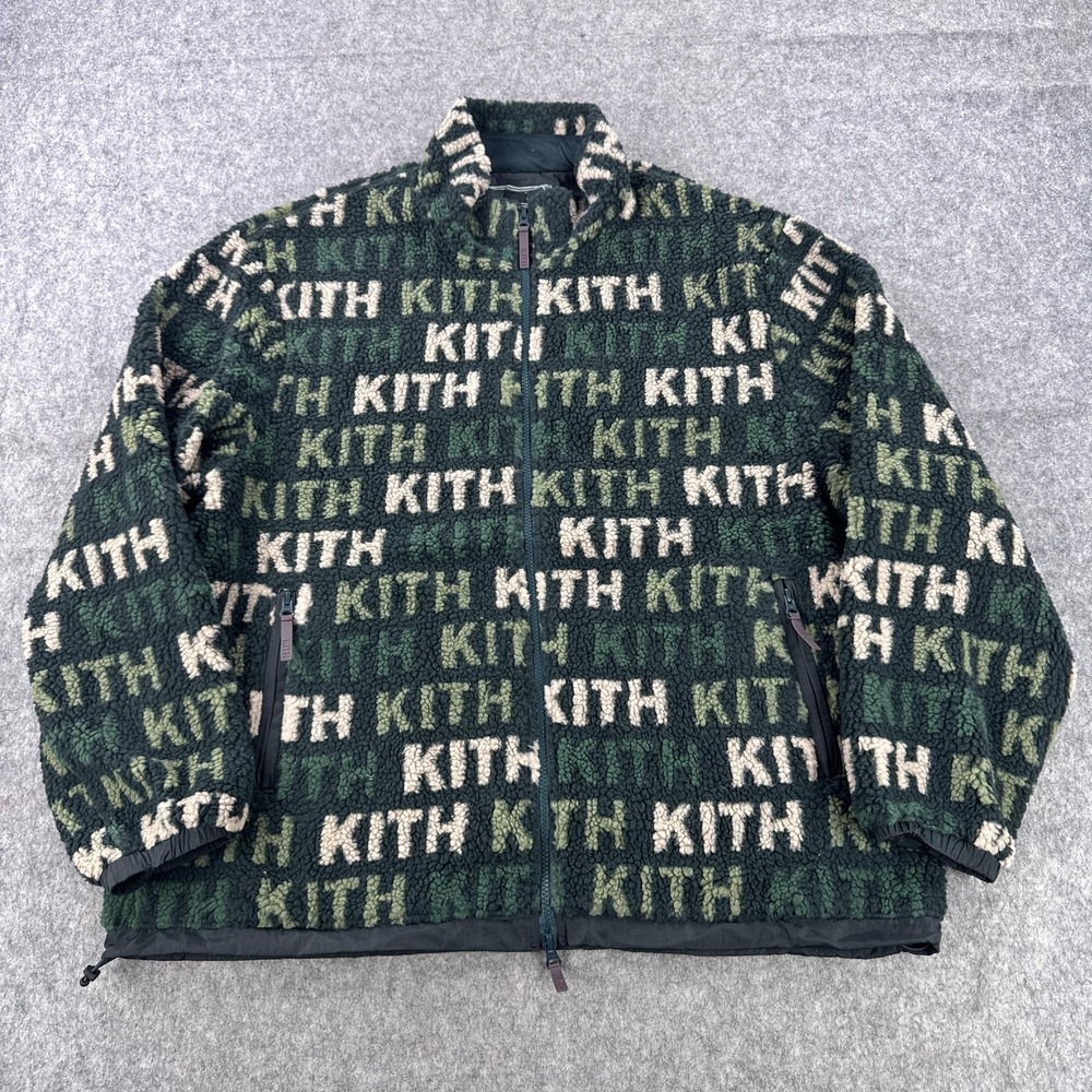 Kith Pinehurst Sherpa Fleece Jacket Mens 2XL Green All Over Kith Logo Bomber